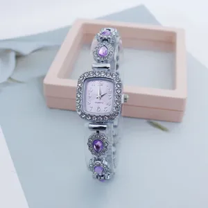 Detailed view of women rhinestone quartz watch, square pink dial, purple crystal bracelet.