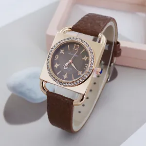 Women square quartz watch with rhinestone dial brown leather strap fashion casual wristwatch