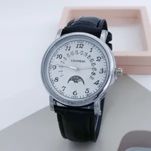 Orologio al quarzo da uomo classico con cinturino in pelle nera e quadrante bianco.