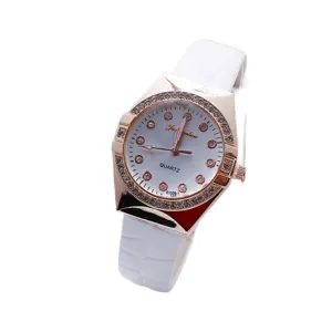 Modieuze dames strass kwartshorloge met witte lederen band, elegante hoofdproductweergave.