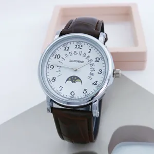 Vista dettagliata dell'orologio al quarzo vintage da uomo con cinturino in pelle marrone.
