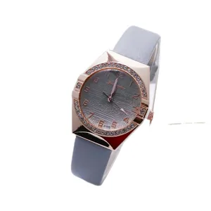Women quartz watch rose gold geometric rhinestone bezel grey leather strap fashion casual timepiece