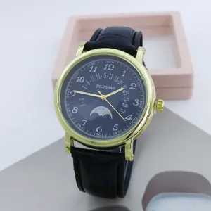 Orologio al quarzo classico da uomo con cinturino in pelle nera cassa oro tonda e quadrante