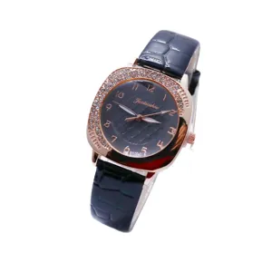 Korean style square quartz women's watch with rhinestones and black leather strap.