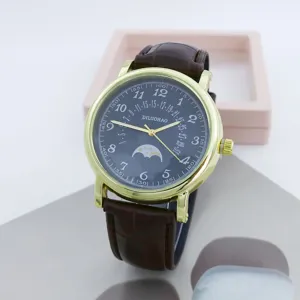 Orologio al quarzo da uomo vintage con cassa dorata, quadrante blu e cinturino in pelle.