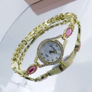 Montre bracelet quartz femme or cristaux pierres roses mode elegante montre bracelet