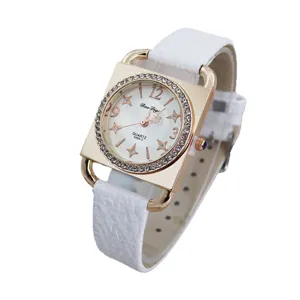 Fashion square quartz women's watch featuring a white leather strap and sparkling rhinestones dial.