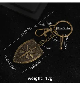 Vintage cross shield keychain with detailed dimensions, alloy and iron material, lightweight 17g.