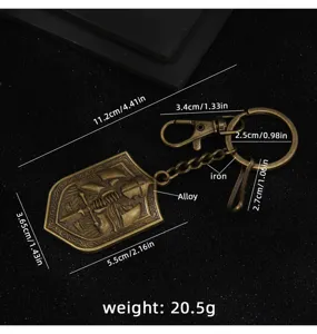 Vintage medieval knight shield keychain with alloy and iron material, detailed dimensions shown.