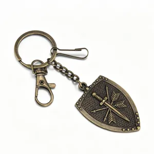 Vintage bronze sword shield keychain metal bag pendant medieval style keyring for daily use.