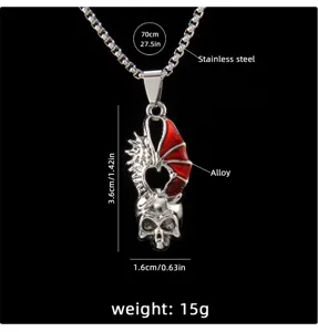 Collier pendentif en acier inoxydable crâne cœur aile rouge sombre gothique mode bijoux
