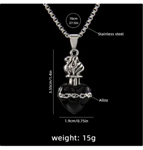 Collier pendentif cœur noir gothique avec chaîne en acier inoxydable, bijoux style punk.