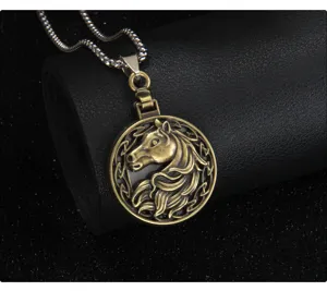 Vintage bronze horse head pendant necklace with chain, stylish retro jewelry accessory.