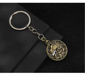 Portachiavi testa di cavallo in bronzo antico specchietto tascabile metallico per borse.