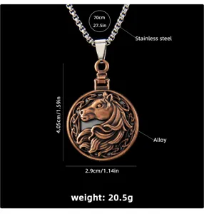 Vintage stainless steel horse head pendant necklace with alloy detail and 70cm chain.