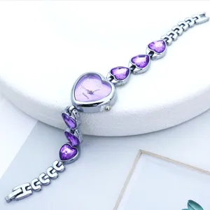 Close-up detail of the purple heart quartz women watch with crystal link bracelet decoration.