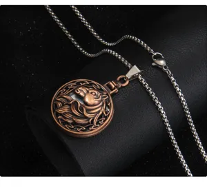 Retro bronze horse head necklace pendant detail, stainless steel filigree chain accessory.
