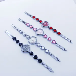 Heart-shaped diamond quartz women watch bracelet detail, elegant casual student fashion timepiece.