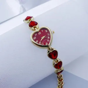 Elegant women quartz watch with heart shaped red dial and crystal strap for daily wear style.