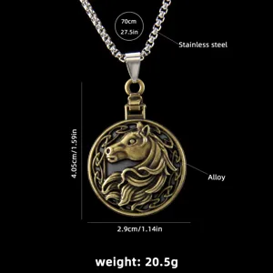 Vintage round horse head stainless steel necklace with alloy pendant, 70cm chain.