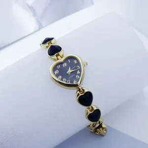 Elegant heart-shaped quartz watch for women featuring a black dial and stylish link strap.