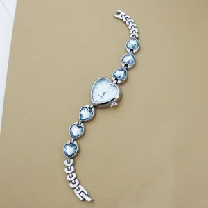 Women quartz watch with heart-shaped light blue crystal stone bracelet stylish casual wrist watch
