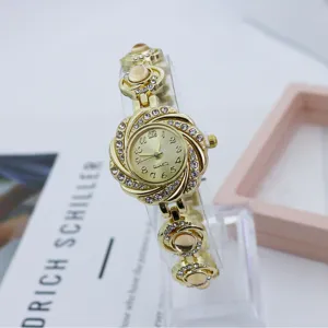 Damen Quarzuhr mit Strass Blumen Design und Chalcedon Kette, stilvolles modisches Schmuckstück.