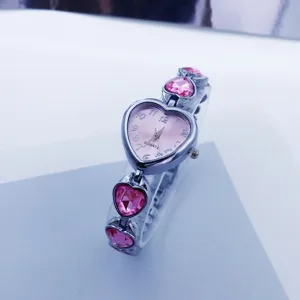 Women heart shaped quartz watch pink crystal rhinestone bracelet fashion casual wrist watch
