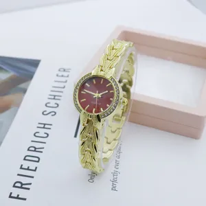 Women quartz watch vintage style gold metal bracelet red dial rhinestone bezel accessory