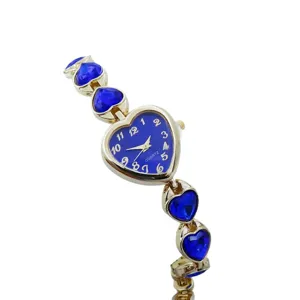 Fashion women quartz watch with blue heart crystal stones and gold metal strap chic.