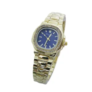 Elegant women gold quartz wrist watch featuring blue dial and sparkling rhinestone bezel.