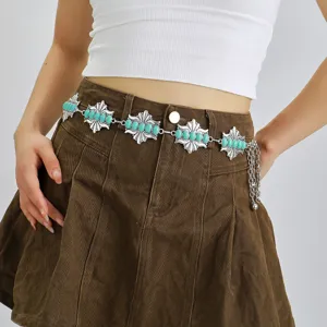 Chaîne de Taille Vintage en Alliage Turquoise pour Femmes Ceinture de Style Bohémien Ethnique Sculpté avec Glands Chaîne pour Robe Jeans