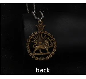 Vintage lion pendant necklace detail back view, retro crown and sword design for men jewelry.