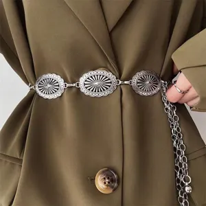 Cinturón de Cadena de Cintura de Metal Vintage para Mujer Bohemio Girasol Tallado Cinturón de Cadena para Niñas Streetwear