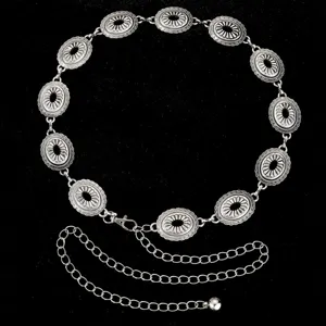 Chaîne de taille en métal argenté rétro pour femmes, élégante ceinture bijoux floraux sculptés.