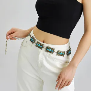 Chaîne de Taille en Métal Vintage Bohème pour Femmes Ceinture en Alliage de Zinc Style Ethnique Décorative Incrustée de Turquoise à Motif Floral