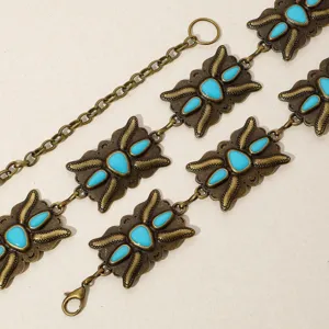 Chaîne de taille bohème vintage en métal pierres turquoise, ceinture rétro femme bijoux.