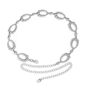 Close-up details of the silver metal waist chain showing ornate circular links and pendant.