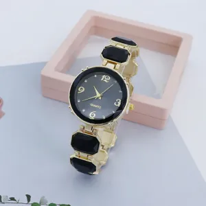 Elegante dames quartz horloge met zwarte wijzerplaat en geometrische strass band.