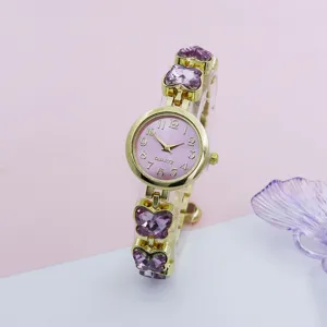 Women quartz watch purple crystal butterfly bracelet gold round pink dial luxury fashion