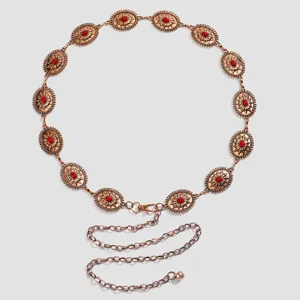 Chaine de taille metallique boheme retro avec pierres rouges elements ovales pour robe femme