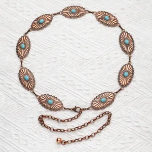 Chaîne de taille turquoise or rose vintage ceinture de fleurs sculptées en métal femme