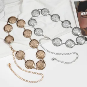 Vintage Etnische Metalen Ronde Tailleketting Gesneden Schakelriem Voor Vrouwen Decoratieve Jurk Accessoire Verstelbare Lichaamsketting