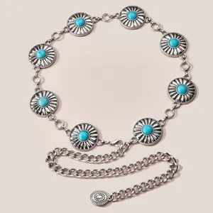 Chaîne de taille en métal bohème argenté avec pendentifs turquoise pour femmes robes rétro.