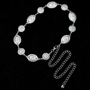 Chaîne de taille vintage bohème en métal argenté avec des pierres turquoises et rallonge.