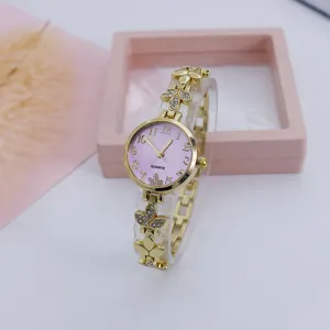 Women's quartz watch with clover bracelet rhinestone pink dial elegant fashion wrist watch