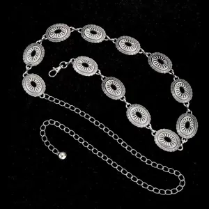 Chaîne de Taille en Alliage de Zinc Boho Vintage pour Femmes Cowboy Occidental Sculpté Tournesol Ovale Turquoise Chaîne Métallique Bijoux