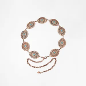 Ceinture de chaîne de taille en métal turquoise or rose vintage, bijou bohème floral sculpté.