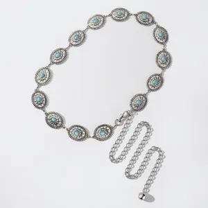 Chaîne de taille en métal argenté bohème avec médaillons ovales turquoise pour femmes