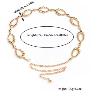 Detailed view of a stylish gold metal chain belt featuring clear dimension and weight specs.